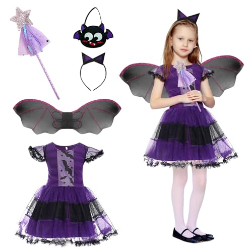 TZQFROCE Fledermaus Halloween Kostüm mit Lichter Fledermaus kostüm Mädchen mit Kopfschmuck,Fledermausflügel und Fleder-maus kleid für Halloween Cosplay Party Karneval Fasching Maskerade von TZQFROCE