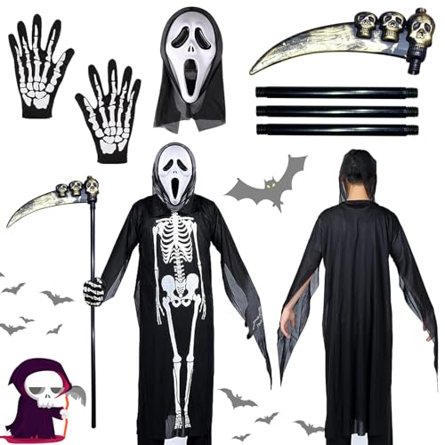 TZQFROCE Sensenmann Kostüm Halloween Kostüm Kinder Sensenmann Kostüm Kinder mit Sense Schädelmaske Handschuhe Sensenmann Maske Sensenmann Kostüm für Halloween Cosplay TZQFROCE Sensenmann Kostüm Halloween Kostüm Kinder Sensenmann Kostüm Kinder mit Sense Schädelmaske Handschuhe Sensenmann Maske Sensenmann Kostüm für Halloween Cosplay von TZQFROCE