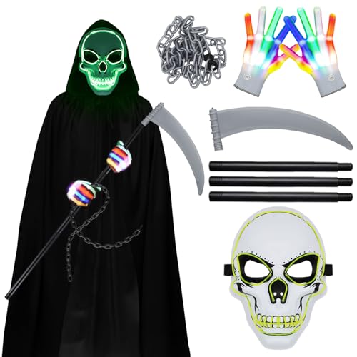 TZQFROCE Halloween Sensenmann Kostüm 5 Stücke Sensenmann Kostüm Set mit Sensenmann maske, Sense, Handschuhe und Kette, Schwarz mit Kapuze, Halloween Kostüm Halloween Dekoration Cosplay - 170cm TZQFROCE Halloween Sensenmann Kostüm 5 Stücke Sensenmann Kostüm Set mit Sensenmann maske, Sense, Handschuhe und Kette, Schwarz mit Kapuze, Halloween Kostüm Halloween Dekoration Cosplay - 170cm von TZQFROCE
