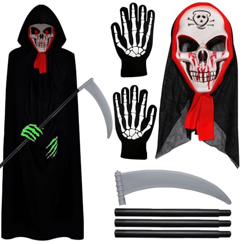 TZQFROCE Sensenmann Kostüm 4 Stücke Halloween Kostüm Kinder Schädelmaske Sense Skelett Handschuhe Sensenmann Umhang mit Kapuze Halloween Kostüm für Halloween MaskeradeFamilienfeier TZQFROCE Sensenmann Kostüm 4 Stücke Halloween Kostüm Kinder Schädelmaske Sense Skelett Handschuhe Sensenmann Umhang mit Kapuze Halloween Kostüm für Halloween MaskeradeFamilienfeier von TZQFROCE