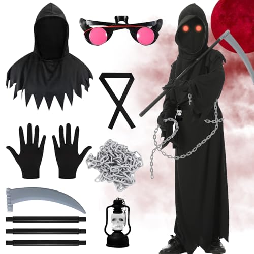 TZQFROCE Sensenmann Kostüm 8 Pcs Halloween Kostüm Kinder Sensenmann Halloween Deko Sensenmann Kostüm Set mit Brille Sense für Halloween Party Karneval Cosplay(100CM) TZQFROCE Sensenmann Kostüm 8 Pcs Halloween Kostüm Kinder Sensenmann Halloween Deko Sensenmann Kostüm Set mit Brille Sense für Halloween Party Karneval Cosplay(100CM) von TZQFROCE