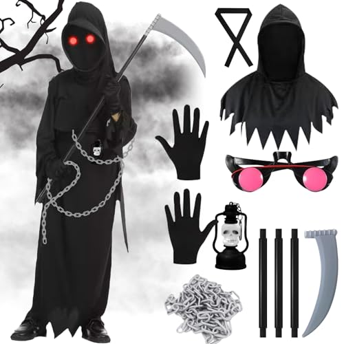 TZQFROCE Sensenmann Kostüm 8 Pcs Halloween Kostüm Kinder Sensenmann Halloween Deko Sensenmann Kostüm Set mit Brille Sense für Halloween Party Karneval Cosplay(110CM) TZQFROCE Sensenmann Kostüm 8 Pcs Halloween Kostüm Kinder Sensenmann Halloween Deko Sensenmann Kostüm Set mit Brille Sense für Halloween Party Karneval Cosplay(110CM) von TZQFROCE