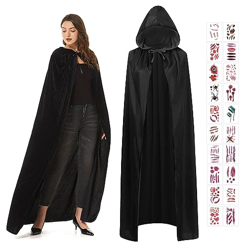 TZQFROCE Halloween Umhang mit Kapuze Halloween Schwarz Umhang Hexe Cosplay Zubehör Kinder Kapuzenumhang Schwarz Vampir Umhang für Halloween Karneval Fasching Damen Herren - 140cm von TZQFROCE