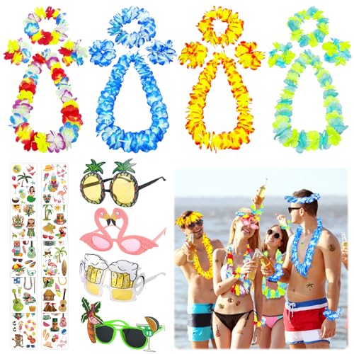 TZQFROCE 18 Stück Hawaiian Blumenketten Set Hawaiian Kette Blumen Girlanden Party Sonnenbrille Hawaiianische Blumen Halskette Stirnbänder Armbänder Hawaiian Tattoo für Hawaiian Party Zubehör von TZQFROCE