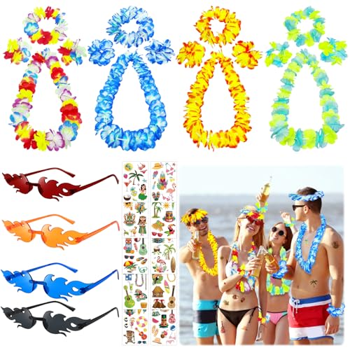 TZQFROCE 18 Stück Party Brillen Hawaii Kette Blumen Hawaii Deko Blumen Hawaii Party Deko mit Hawaiian Sonnenbrillen Hawaiian Tattoo Blumenketten Hawaiianische für Hawa-iian Partys Zubehör von TZQFROCE