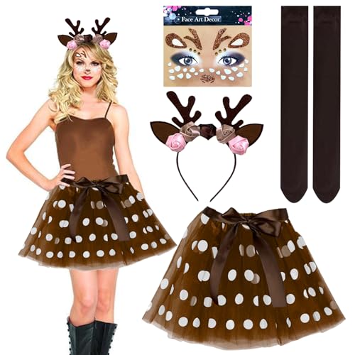 TZQFROCE Damen Geweih Kostüm 4 Stück Karneval Damenkostüm Tüllrock Tutu Rock Rentier Gesicht Tattoos Rentier Geweih Haarreif für Fasching Karneval Cosplay Mottoparty von TZQFROCE