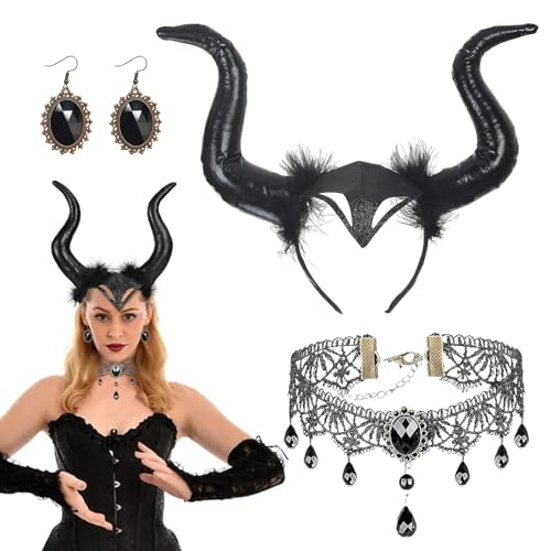 TZQFROCE Königin Hörner Karneval Haareif Teufelhörner mit Gothic Spitze Halskette Ohrringe Schwarz Karneval Kostüm Damen Maleficent Kostüm Zubehör für Karneval Fasching Maskerade TZQFROCE Königin Hörner Karneval Haareif Teufelhörner mit Gothic Spitze Halskette Ohrringe Schwarz Karneval Kostüm Damen Maleficent Kostüm Zubehör für Karneval Fasching Maskerade von TZQFROCE
