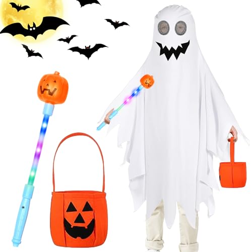 TZQFROCE Halloween Kostüm Kinder Geisterumhang Mit Kürbis Stock und Tasche für Jungen Mädchen Cosplay Mottoparty von TZQFROCE