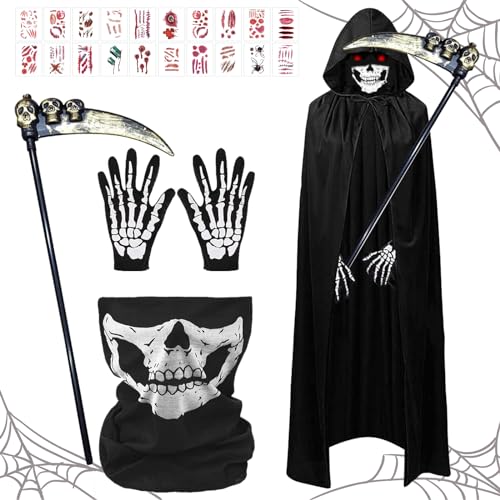TZQFROCE Sensenmann Kostüm 120cm Halloween Kostüm Kinder Halloween Sensenmann Umhang mit Skelett Sensenmann Kostüm Kinder Halloween Umhang Set für Halloween Party Cosplay TZQFROCE Sensenmann Kostüm 120cm Halloween Kostüm Kinder Halloween Sensenmann Umhang mit Skelett Sensenmann Kostüm Kinder Halloween Umhang Set für Halloween Party Cosplay von TZQFROCE