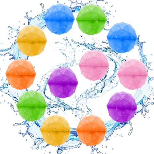 TZQFROCE Wasserbomben Wiederverwendbar 12 Stück Wasserball Wasserbomben Selbstschließend Strandspielzeug Wasserspielzeug Kinder Pool Spielzeug Kinder Bubble Ball für Outdoor Wasserpark von TZQFROCE
