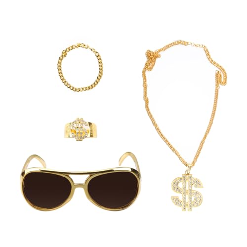 Tabanzhe Hip-Hop-Kostüm-Set, 4-teilig, 80er-/90er-Jahre, Hip-Hop-Rapper-Zubehör-Set für Männer und Frauen, goldfarbene Dollarzeichen-Halskette, Sonnenbrille, Armband, Ring für Disko-Thema, Tabanzhe Hip-Hop-Kostüm-Set, 4-teilig, 80er-/90er-Jahre, Hip-Hop-Rapper-Zubehör-Set für Männer und Frauen, goldfarbene Dollarzeichen-Halskette, Sonnenbrille, Armband, Ring für Disko-Thema, von Tabanzhe