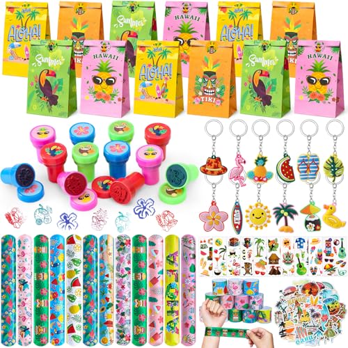 110Stk Hawaii Tropical Party Mitgebsel Kindergeburtstag Gastgeschenke mit Schnapparmband Stempel Schlüsselanhänger Tattoos Aufkleber Geschenktüten Sommer Aloha Party Give Aways Pinata Füllung von Tacobear