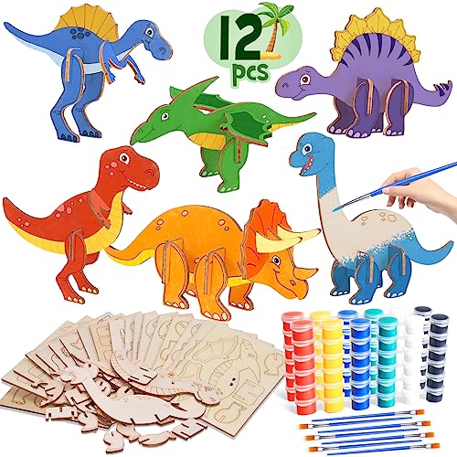 12 Stück Bastelset Holz Dinosaurier für Kinder Drachen Geburtstag 3D Puzzle Holz zum Bemalen und Basteln Holz zum Basteln Kindergeburtstag Basteln Kreative Spielzeug Geschenke für Jungen Mädchen von Tacobear