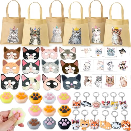 60Stk Katze Party Mitgebsel Kindergeburtstag Gastgeschenke Geschenktüten Maske Figuren Schlüsselanhänger Tattoo Sticker Pinata Füllung Give Aways Mitbringsel Spielzeug Klein Geschenke Kinder Mädchen von Tacobear