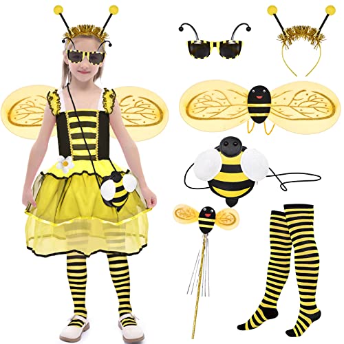 7 STK. Bienen Kleid Mädchen mit Tüllrock Kostüm Biene Kinder Karneval Cosplay Kostüm mit Wings Tasche Gestreifte Gamaschen Antenne Stirnband Zauberstab Brille für Mädchen 3 4 5 6 7 8 9 10 Jahren von Tacobear