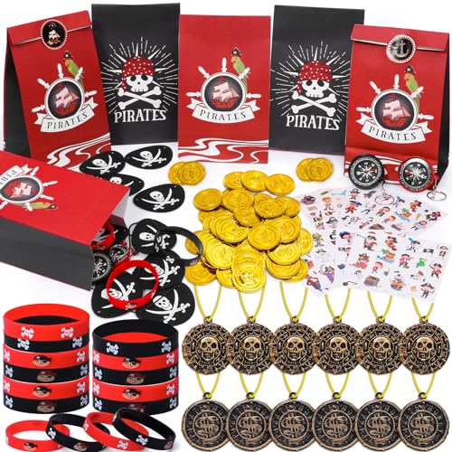 92 STK. Piraten Mitgebsel Kindergeburtstag Piratenparty Geschenketüte Silikonarmband Halsketten Schlüsselanhänger Filz Augenklappen Schnurrbart Tattoos Give Aways Kindergeburtstag für Mädchen Jungen von Tacobear