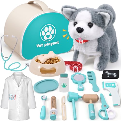 Arztkoffer Kinder Holz Tierarzt Spielzeug mit Elektrischer Hund Spielzeug der Läuft und Bellt, Arztkittel, Doktorkoffer, Interaktives Plüsch Husky Spielzeug Geschenk Mädchen Junge 3 4 5 6 Jahre Arztkoffer Kinder Holz Tierarzt Spielzeug mit Elektrischer Hund Spielzeug der Läuft und Bellt, Arztkittel, Doktorkoffer, Interaktives Plüsch Husky Spielzeug Geschenk Mädchen Junge 3 4 5 6 Jahre von Tacobear