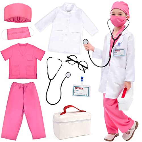 Arztkoffer Kinder Kostüm Arzt Kinder Arztkittel Kinder Verkleidungskiste mit Doktor Rollenspiel Zubehör Fasching Halloween Geschenke für Kinder Jungen Mädchen 3 4 5 6 7 8 9 10 Jahre (rosa, 110) von Tacobear