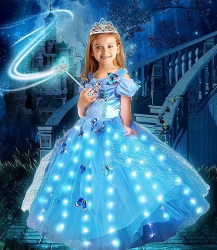 Aschenputtel Kleid für Mädchen Prinzessin Cinderella Kostüm LED Halloween Leuchtendes Prinzessin Kleid Mädchen Kostüm Kleidung Schmetterling Mädchen für Party Verkleidung Karneval Weihnachten von Tacobear