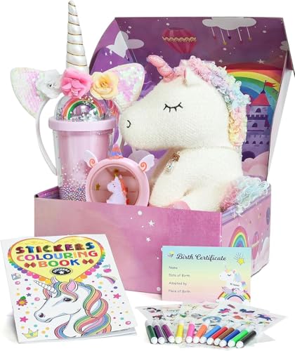 Einhorn Geschenke für Mädchen 4 5 6 7 8 Jahren, Kuscheltier & Einhorn Nachtlicht & Wasserbecher & Halskette & Haarreif & Malbuch, Spielzeug für Kinder 5-8 Jahren von Tacobear