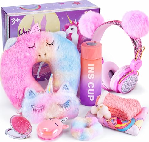 Einhorn Geschenke für Mädchen 6 7 8 9 10 11 12 Jahre mit Kopfhörer Kinder Plüsch Nackenkissen Augenmaske Taschenspiegel Trinkflasche Kordelzugbeutel zum Reisen Weihnachten Geburtstag Geschenke Mädchen von Tacobear