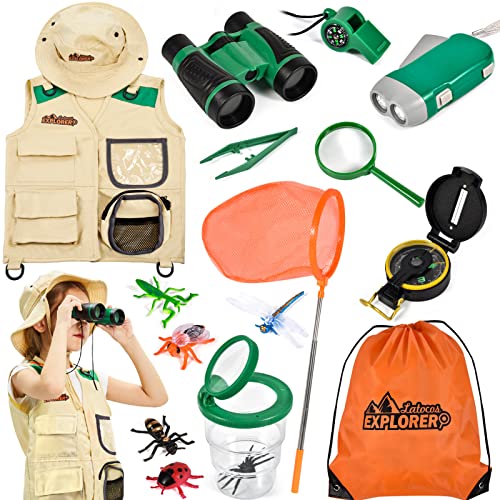 Forscherset Entdecker für Kinder Entdeckerspielzeug Outdoor Adventurer Explorer Set mit Weste Hut Lupe Fernglas Schmetterlingsnetz Becherlupe Abenteuer Kit Draußen Spielzeug für Kinder Jungen Mädchen von Tacobear