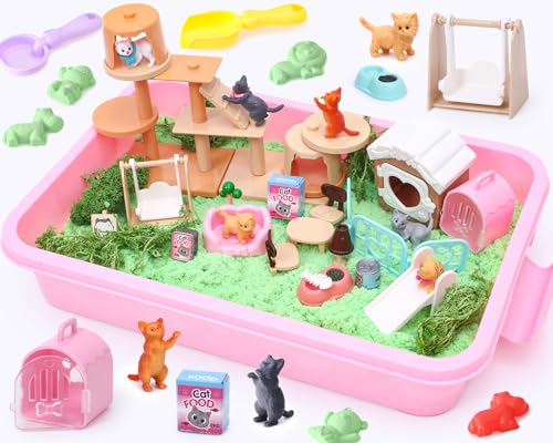 Magic Sand Geschenke Kinder 3-8 Jahre Sensorik Spielzeug , Tierpflege Zaubersand Koffer mit 1kg Knetsand, Katzefiguren Miniatur Hundehaus Möbel, 8 Sandform & 5 Sandwerkzeug, Spielsand Geschenk Kinder von Tacobear