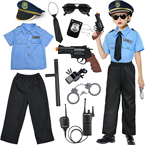 Polizei Kostüm Kinder mit Polizei Ausrüstung Polizei Hemd Hosen Polizeimütze Handschellen Polizeiabzeichen Brille Walkie Talkie Polizei Spielzeug Halloween Karneval Kostüm für Kinder Jungen Mädchen von Tacobear