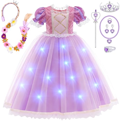 Leuchtend Prinzessin Rapunzel Kostüm Kleid für Mädchen LED Rapunzel Lila Festkleid mit Verkleidung Perücken, Zauberstab und Krone Verkleidung Geburtstag Party Weihnachten Halloween Karneval Cosplay von Tacobear