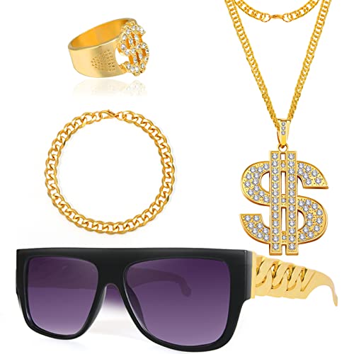 Tacobear 4St. Zuhälter Kostüm Set Hip Hop Kostüm Kit mit Dollar Halskette Dollar Ring Goldkette Armband 80er 90er Jahre Rapper Accessoires für Männer Frauen Fasching Karneval Party von Tacobear