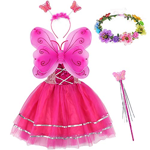 Tacobear 5 Stück Feenkostüm Kinder mit Feenflügel Feenkleid Blumenkranz Haare Schmetterling Fee Haarreif Haarband Feen Zauberstab Halloween Party Prinzessin Fee Kostüm Zubehör für Mädchen (Dunkelpink) von Tacobear