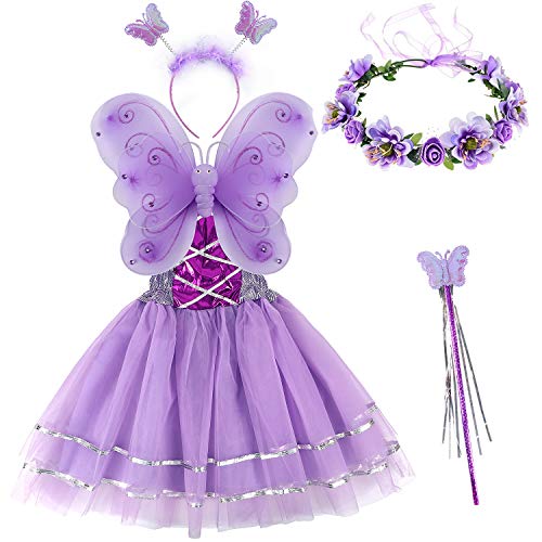 Tacobear 5 Stück Feenkostüm Kinder mit Feenflügel Feenkleid Blumenkranz Haare Schmetterling Fee Haarreif Haarband Feen Zauberstab Halloween Party Prinzessin Fee Kostüm Zubehör für Mädchen (Lila) von Tacobear