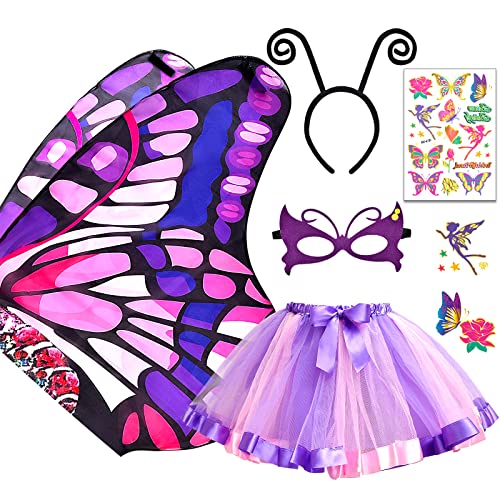 Tacobear 5 Stück Kostüm Schmetterling Kinder Mädchen Schmetterlingsflügel mit Maske Tutu Rock Tüllrock Haarreif Tattoos Schmetterling Umhang Flügel Halloween Kostüm Karneval Fasching Cosplay (Lila) von Tacobear