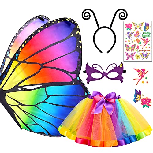 Tacobear 5 Stück Kostüm Schmetterling Kinder Mädchen Schmetterlingsflügel mit Maske Tutu Rock Tüllrock Haarreif Tattoos Umhang Flügel Halloween Karneval Fasching Cosplay (Bunt) von Tacobear