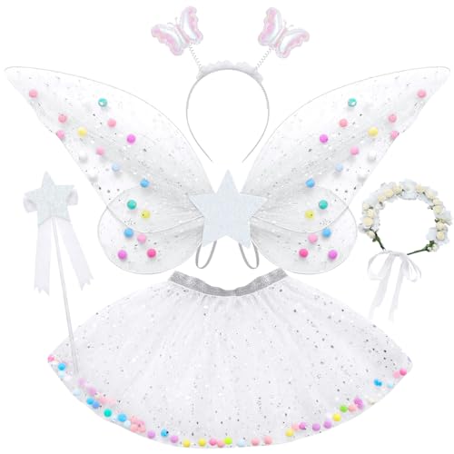 Tacobear Feenkostüm Mädchen Kinder Schmetterlingflügel Fee Kostüm Set Mädchen Tutu Wings Feenkleid Zauberstab Haarreif Halloween Party Prinzessin Feen Flügel Kostüm Kinder 3 4 5 6 7 8 Jahre von Tacobear