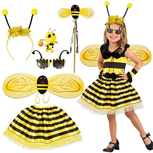 Tacobear 6 Stück Bienen Kostüm für Kinder Mädchen Karneval Kostüm Cosplay Kostüm mit Flügeln Antenne Stirnband Streifen Rock Zauberstab Brille Aufkleber für Halloween Rollenspiele 2 3 4 5 6 7 Jahre von Tacobear