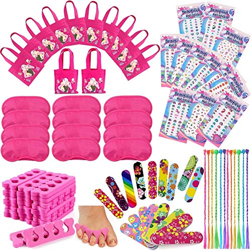 Tacobear 96 Stück Spa Party Set Mitgebsel Mädchen mit Schlafmaske Bunte Haarsträhnen Kinder Nägel Zubehör Mini Nagelfeile Zehenspreitzer Einhorn Nagelaufkleber Partytüten Spa Geburtstag Gastgeschenke von Tacobear