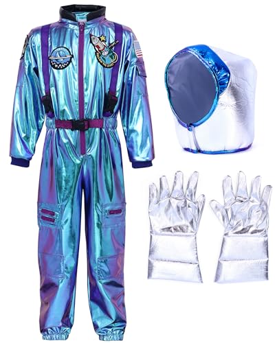 Tacobear Astronaut Kostüm Kinder Laser Blau Space Kostüm Astronaut Helm Handschuhe Astronaut Jumpsuit Verkleidung für Cosplay Karneval Halloween Faschingskostüme Kinder Jungen Mädchen(M) von Tacobear