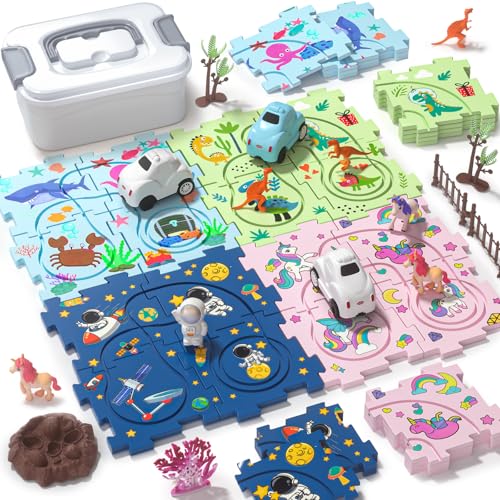 Tacobear Autorennbahnen Auto Spielzeug DIY Rennbahn Puzzle mit Spielzeugauto Fahrzeug Kinderspielzeug Geschenk für 3 4 5 Jahre Junge Mädchen (Einhorn, Dino, Weltraum, Meer) von Tacobear