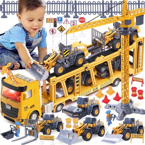 Tacobear Baufahrzeuge Kinder groß LKW Fahrzeug Spielzeug mit Kran Spielzeug Bulldozer Dampfwalze Gabelstapler Konstruktionsfahrzeuge Geburtstagsgeschenk für Kinder Jungen 3 4 5 6 7 8 Jahre von Tacobear