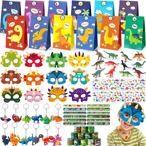 Tacobear Dino Party Mitgebsel Kindergeburtstag Junge mit Geschenktüten Dino Maske Schnapparmband Schlüsselanhänger Mini Dinosaurier Figuren Tattoos Pinata Füllung Kinder Give Aways Gastgeschenke von Tacobear