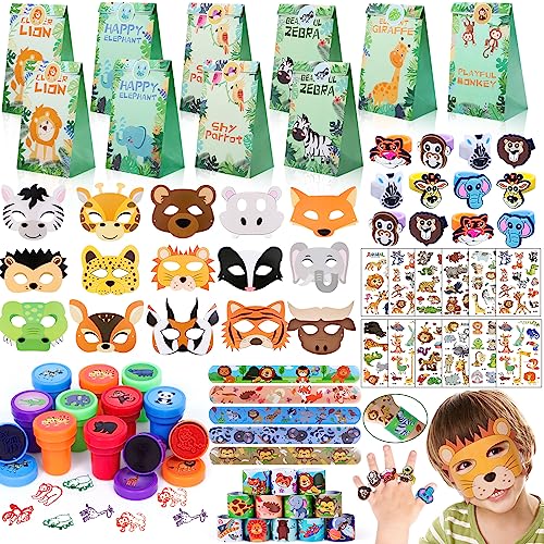 Dschungel Safari Mitgebsel Kindergeburtstag 75Stk. Dschungel Tiere Geschenktüten Schnapparmband Masken Temporäre Tattoos Briefmarken Silikonringe Give Aways Kindergeburtstag für Kinder Jungen Mädchen von Tacobear