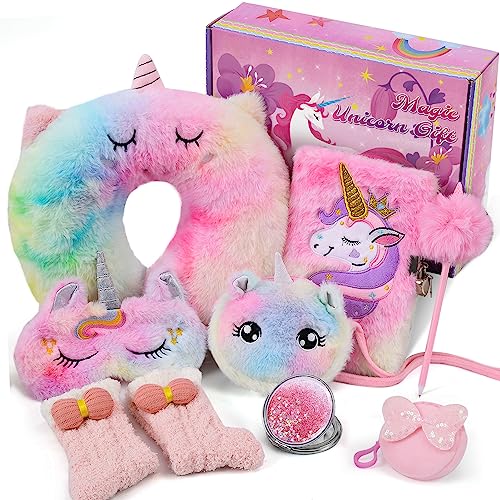 Tacobear Einhorn Geschenke für Mädchen 6 7 8 9 10 Jahre Kuscheltier Nackenkissen Schlafmaske Tagebuch mit Schloss Stift Socken Spielzeug Reise Zubehör Geburtstagsgeschenk Kinder von Tacobear