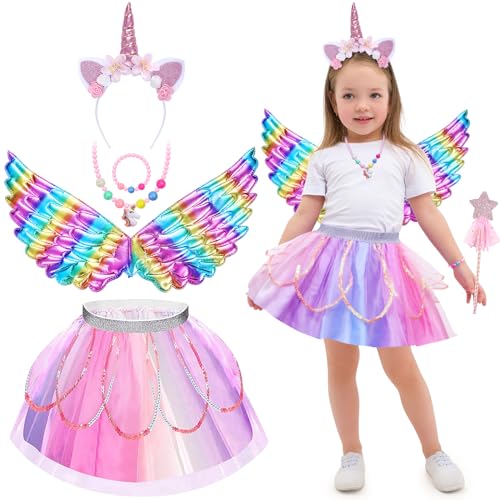 Tacobear Einhorn Kostüm für Mädchen: Einhorn-Prinzessin Set mit Tüllrock, Einhornflügel, Haarreif, Halskette, Armband & Zauberstab für 3-8 Jährige - Karneval, Halloween, Party von Tacobear