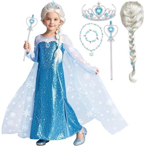 Tacobear Elsa Eiskönigin Kostüm Mädchen Elsa Kleid Kinder Prinzessin Kostüm mit Perücke Krone Zauberstab Frozen Verkleidung Faschingskostüme für Geburtstag Party Halloween Karneval(130) von Tacobear