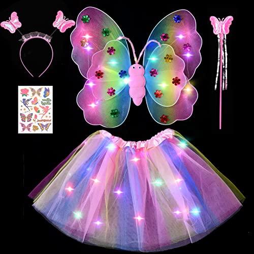 Tacobear Leuchtend Feenkostüm Feenflügel Schmetterlingsflügel mit Haarreif Zauberstab Fee Tattoos LED Tutu Tüllrock Mädchen Kinder Halloween Karneval Feen Geburtstag Party Fasching Kostüm (Bunt) von Tacobear