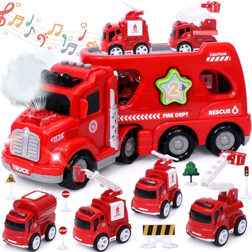 Tacobear Feuerwehrauto Spielzeug Feuerwehr Groß mit Wasserspritze Licht und Sound 5 In 1 LKW Spielzeugauto Feuerwehr Mini Feuerwehrautos Geschenk für Kinder Jungen 2 3 4 5 6 7 Jahre von Tacobear