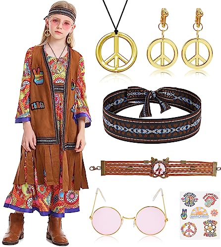 Tacobear Hippie Kostüm Kinder 60er 70er Jahre Kleid Kostüm für Mädchen Hippie Accessoires mit Peace Zeichen Ohrring Halskette Sonnenbrille für Cosplay Party Halloween Karneval (M) von Tacobear