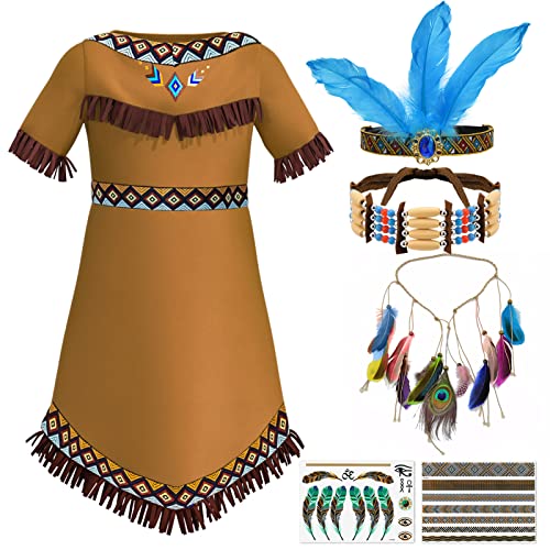 Tacobear Indianer Kostüm Kinder Mädchen mit Indianer Kopfschmuck Feder Stirnband Haarschmuck Choker Halskette Tattoo Indianer Kleid für Karneval Fasching Halloween Party Cosplay (120, 5-6 Jahre) von Tacobear