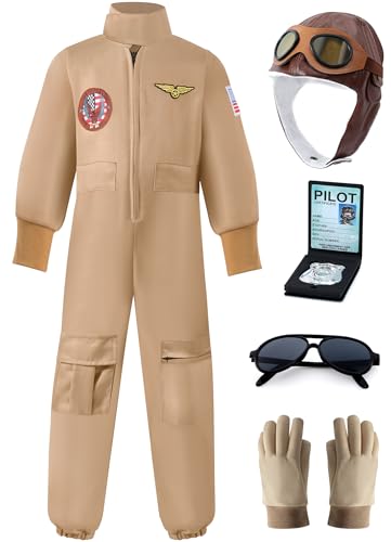 Tacobear Kampfjet Pilot Kostüm Kinder Jungen Militär Soldat Kostüm mit Fliegermütze Sonnenbrille Handschuhe Piloten Overall Uniform Fasching Karneval Kinderkostüm Cosplay (110, 3-4 Jahre) von Tacobear